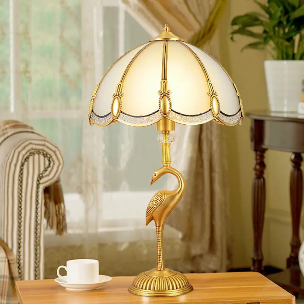 Vintage 1-Light Night Lamp With Frosted Glass Shade And Bird Pedestal In Polished Brass For Bedroom