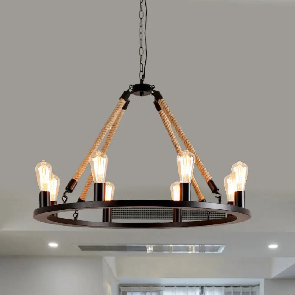 Vintage 6/8-Light Metallic Circular Hanging Lamp In Brown With Exposed Bulb & Rope Suspension For