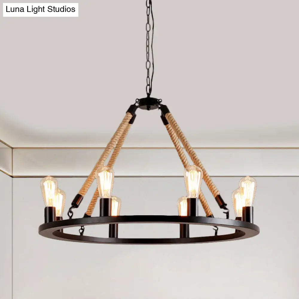 Vintage 6/8-Light Metallic Circular Hanging Lamp In Brown With Exposed Bulb & Rope Suspension For