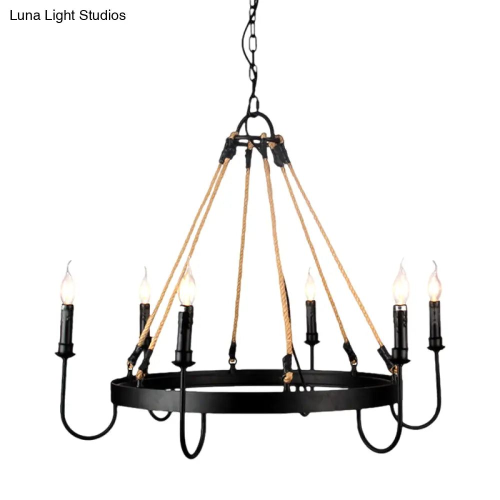 Vintage 6-Head Candle Chandelier Pendant Lamp In Black/Rust For Restaurants