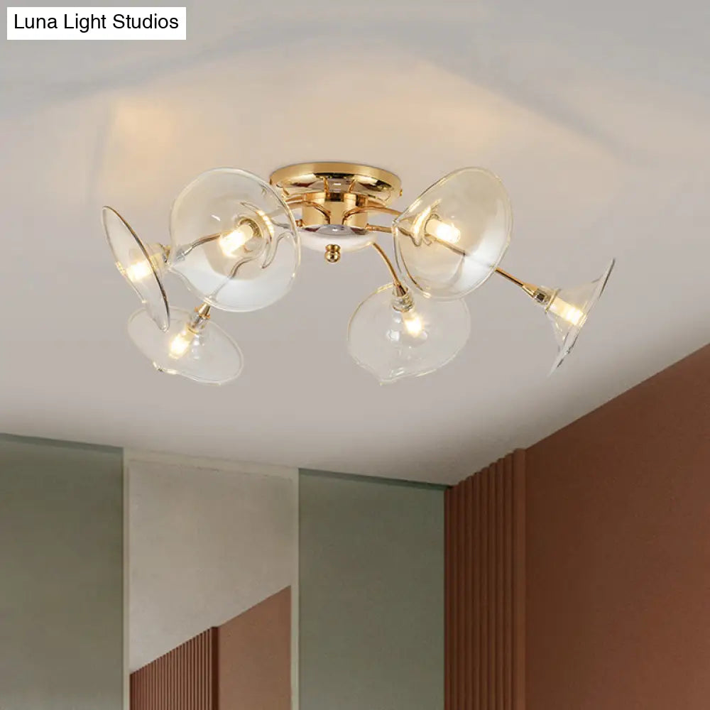 Vintage 6 - Light Ceiling Lamp With Metal Brass Branchlet Design And Flare Green/Cognac Glass Shade