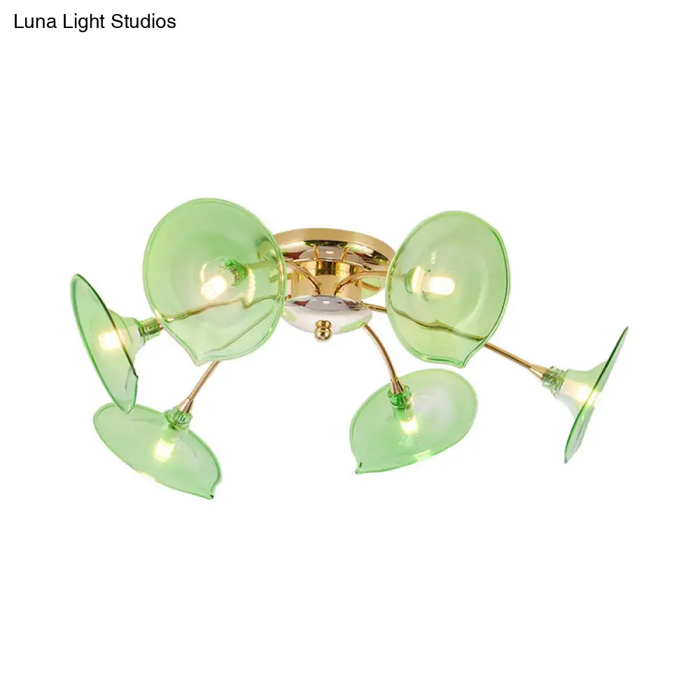 Vintage 6 - Light Ceiling Lamp With Metal Brass Branchlet Design And Flare Green/Cognac Glass Shade
