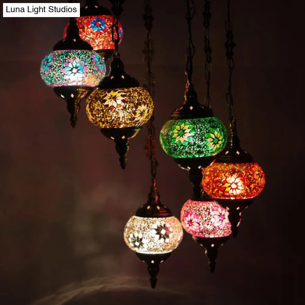 Vintage 7-Bulb Globe Glass Pendant Ceiling Chandelier In Bronze Finish