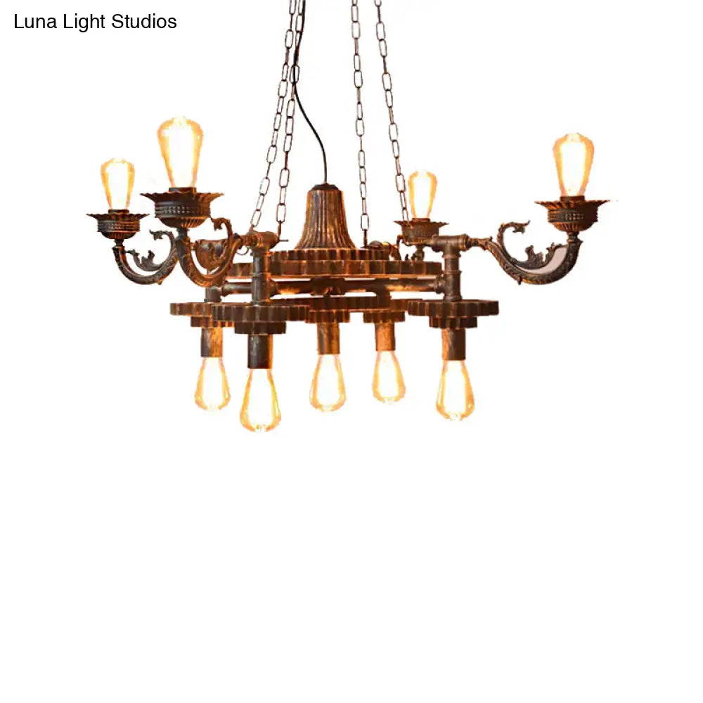 Vintage 9-Light Bronze Chandelier With Exposed Bulbs For Dining Room