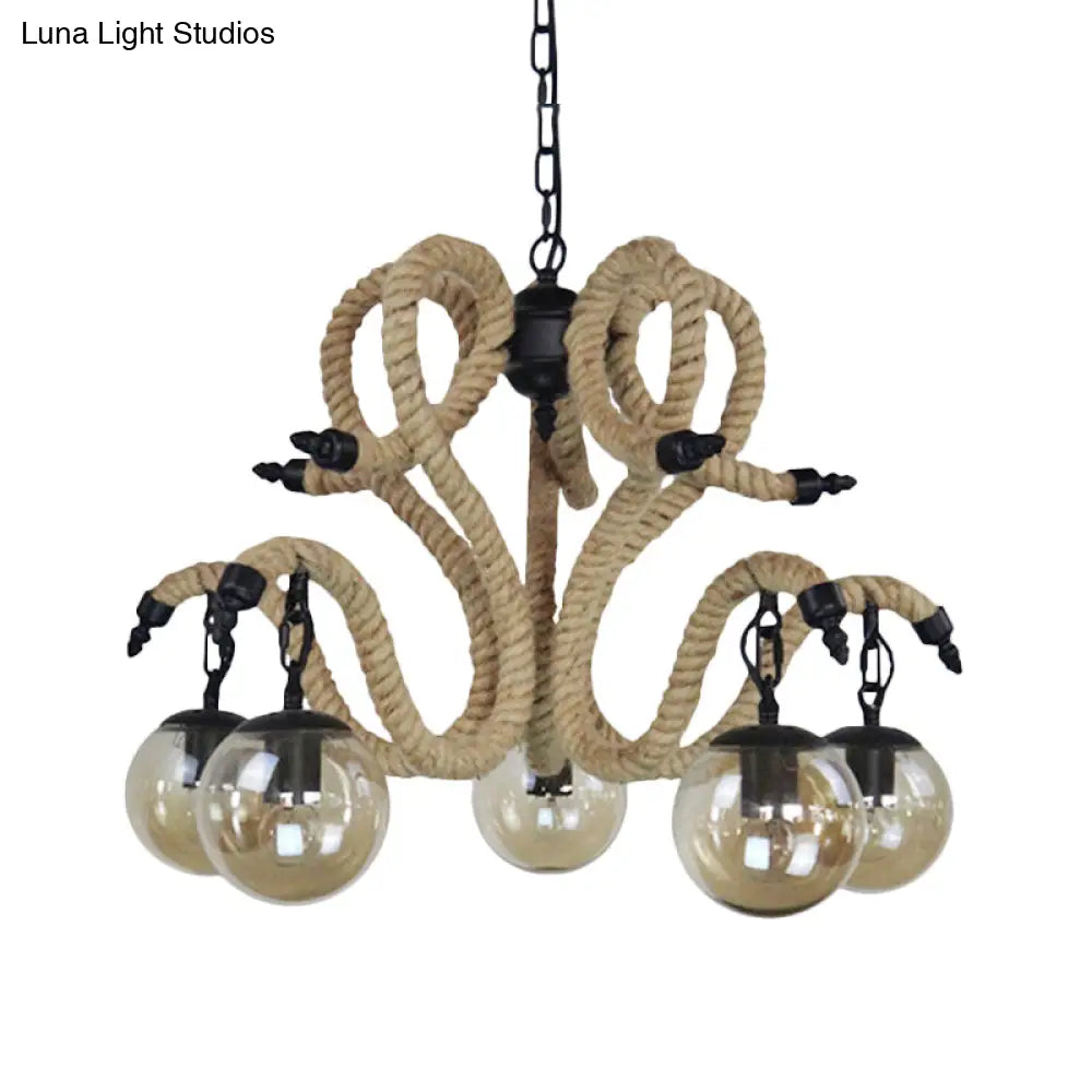 Vintage Amber Glass Ball Chandelier - 5-Light Pendant Lighting For Living Room With Rope Detail