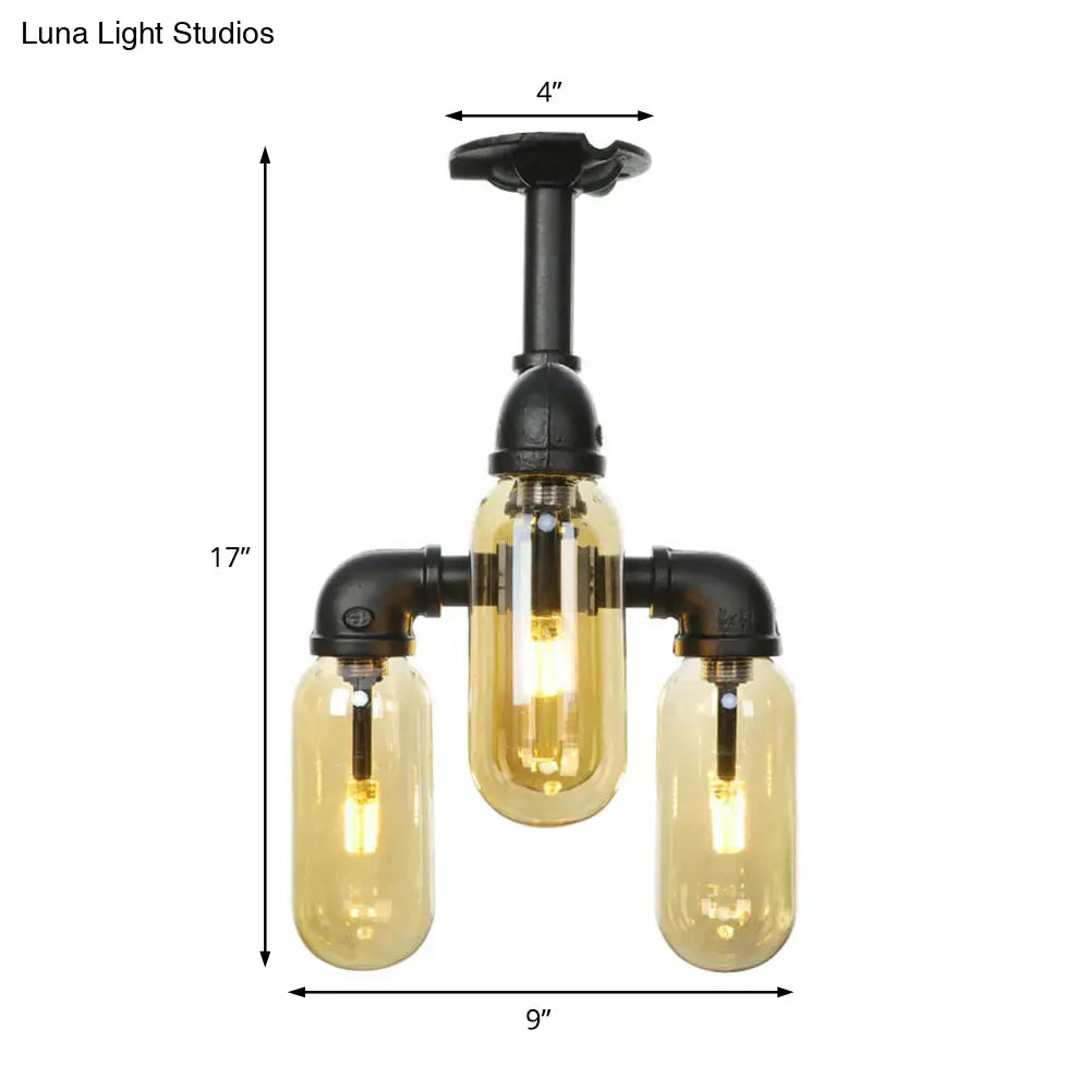 Vintage Amber Glass Ceiling Light With Matte Black Semi Flush Design - 3/4 Oval Shade