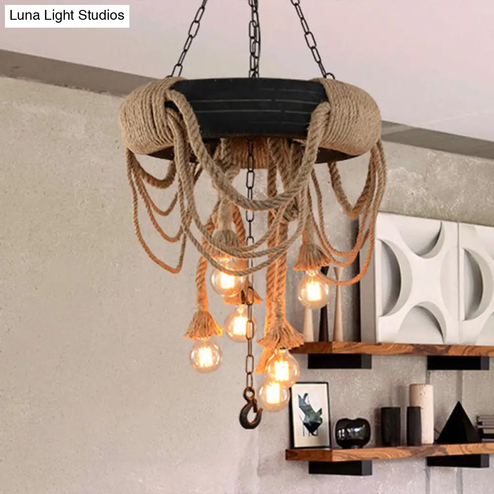 Vintage Automobile Tire Pendant Light For Restaurants - Black Industrial Rope Suspension