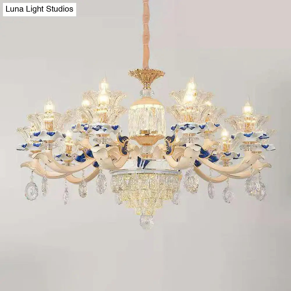 Vintage Beige Ruffle Floral Chandelier Light With Crystal Accent - Faceted Glass For Living Room
