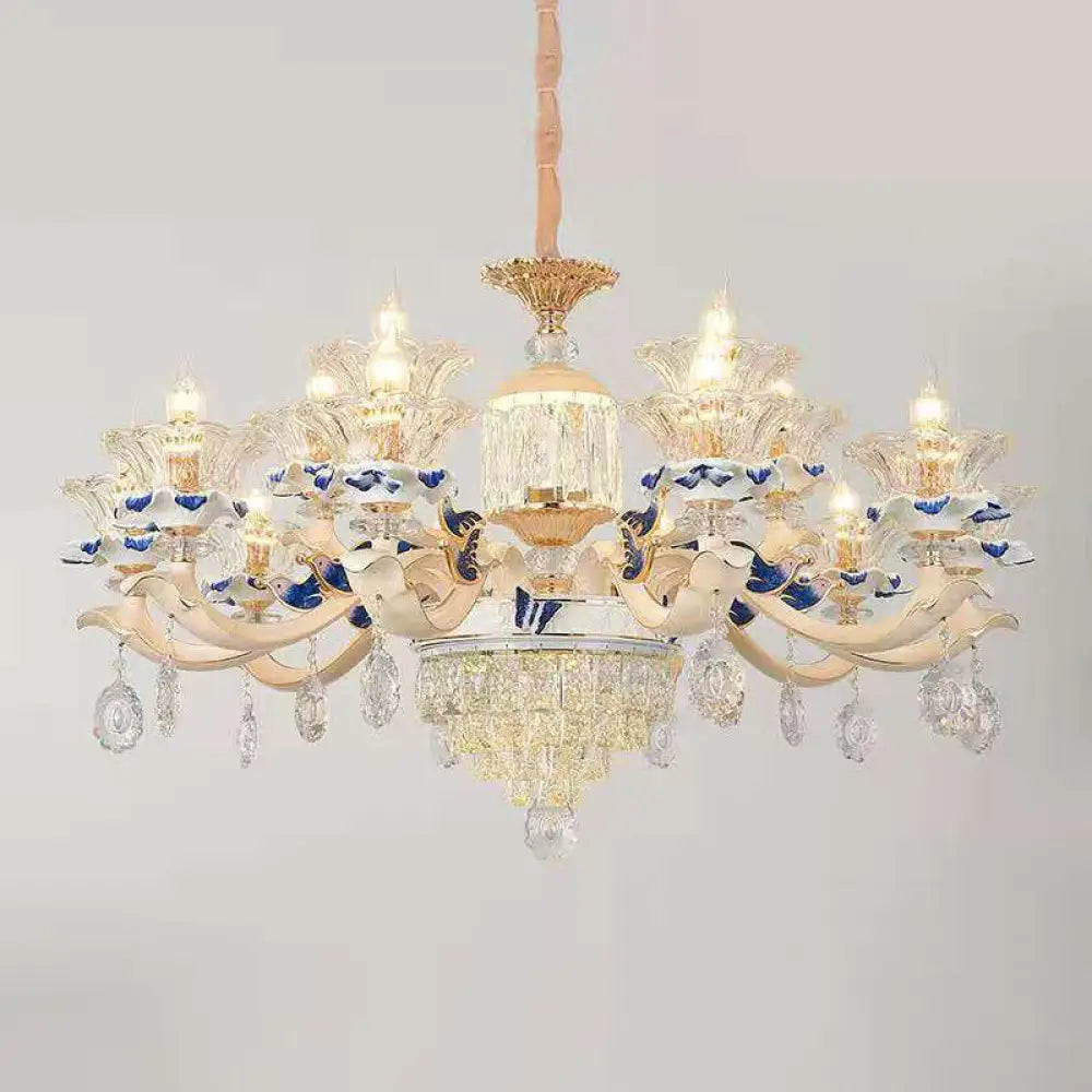 Vintage Beige Ruffle Floral Chandelier Light With Crystal Accent - Faceted Glass For Living Room 15