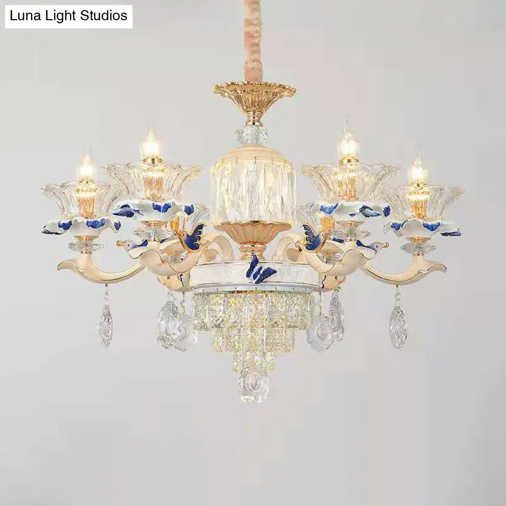 Vintage Beige Ruffle Floral Chandelier Light With Crystal Accent - Faceted Glass For Living Room