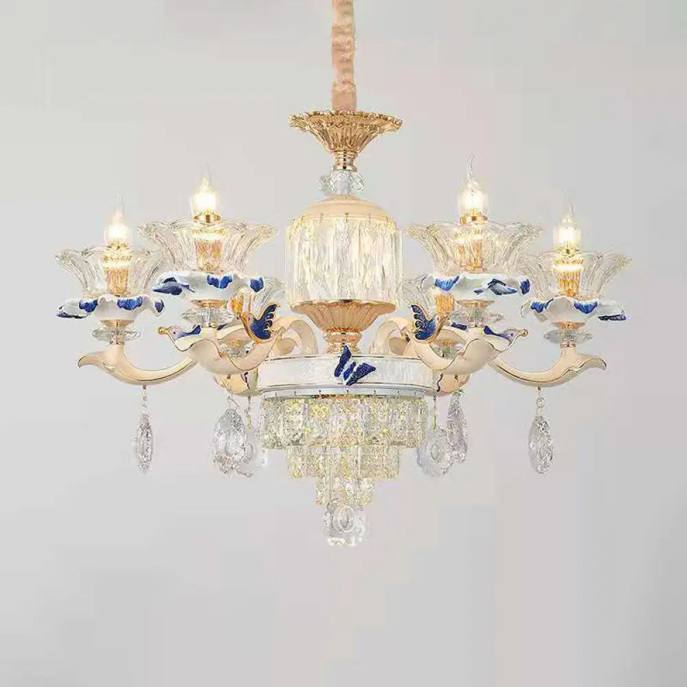 Vintage Beige Ruffle Floral Chandelier Light With Crystal Accent - Faceted Glass For Living Room 6 /