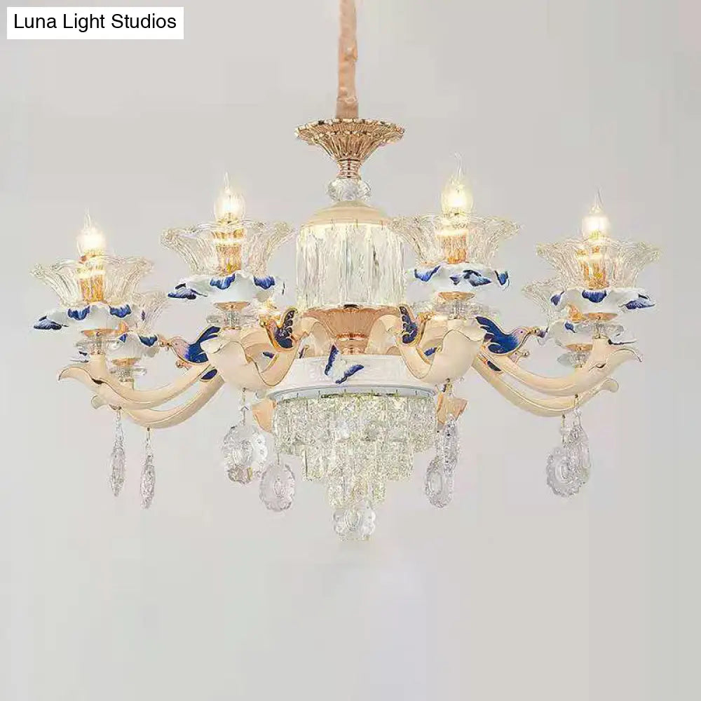 Vintage Beige Ruffle Floral Chandelier Light With Crystal Accent - Faceted Glass For Living Room