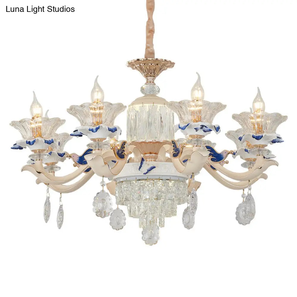 Vintage Beige Ruffle Floral Chandelier Light With Crystal Accent - Faceted Glass For Living Room