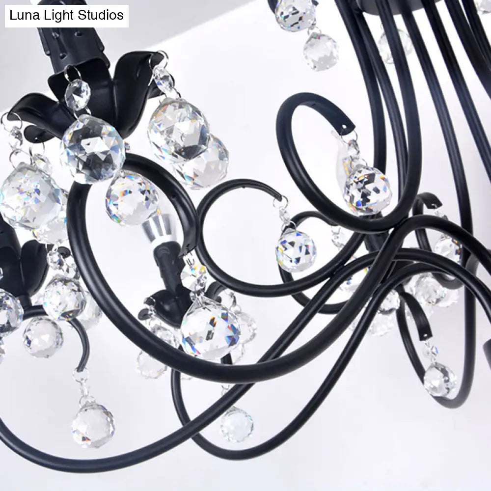 Vintage Bent Arm Frame Ceiling Light - 6/8 Black Lights With Crystal Drop For Living Room