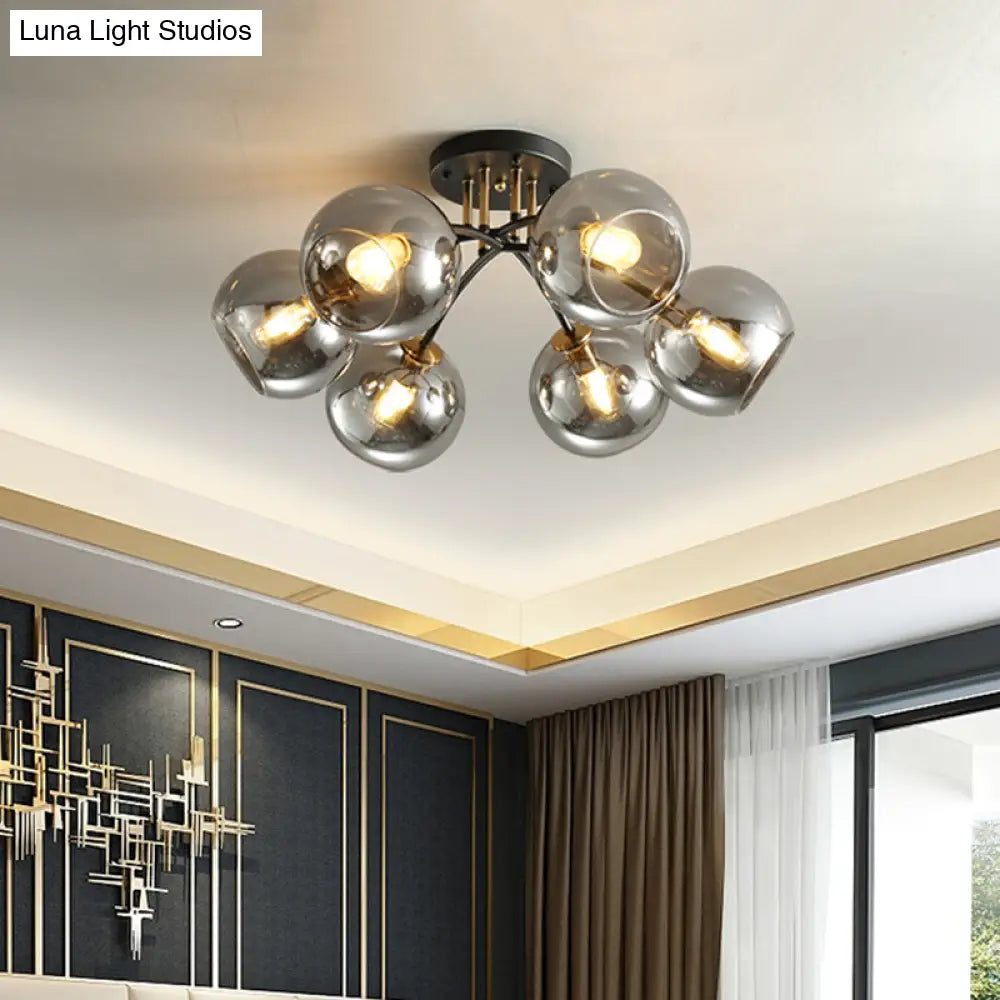 Vintage Black 6 - Head Hotel Ceiling Light With Orb Smoke/Clear Glass Shade