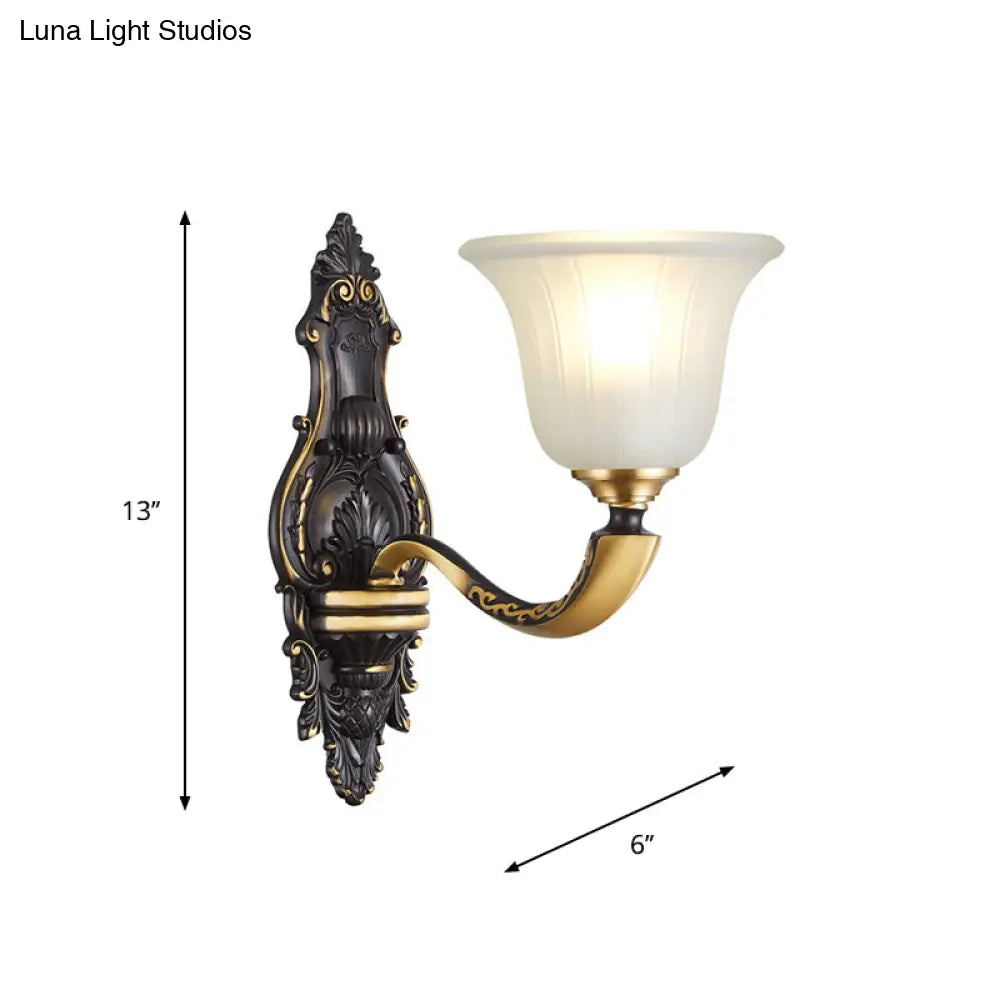 Vintage Black And Gold Frosted White Glass Wall Sconce For Bedroom - 1/2-Bulb Bell Mount Light