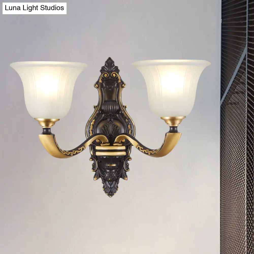 Vintage Black And Gold Frosted White Glass Wall Sconce For Bedroom - 1/2-Bulb Bell Mount Light