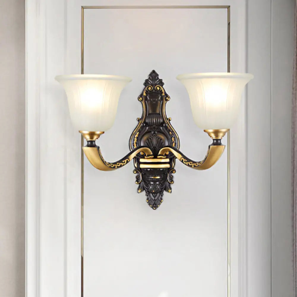 Vintage Black And Gold Frosted White Glass Wall Sconce For Bedroom - 1/2-Bulb Bell Mount Light 2 /