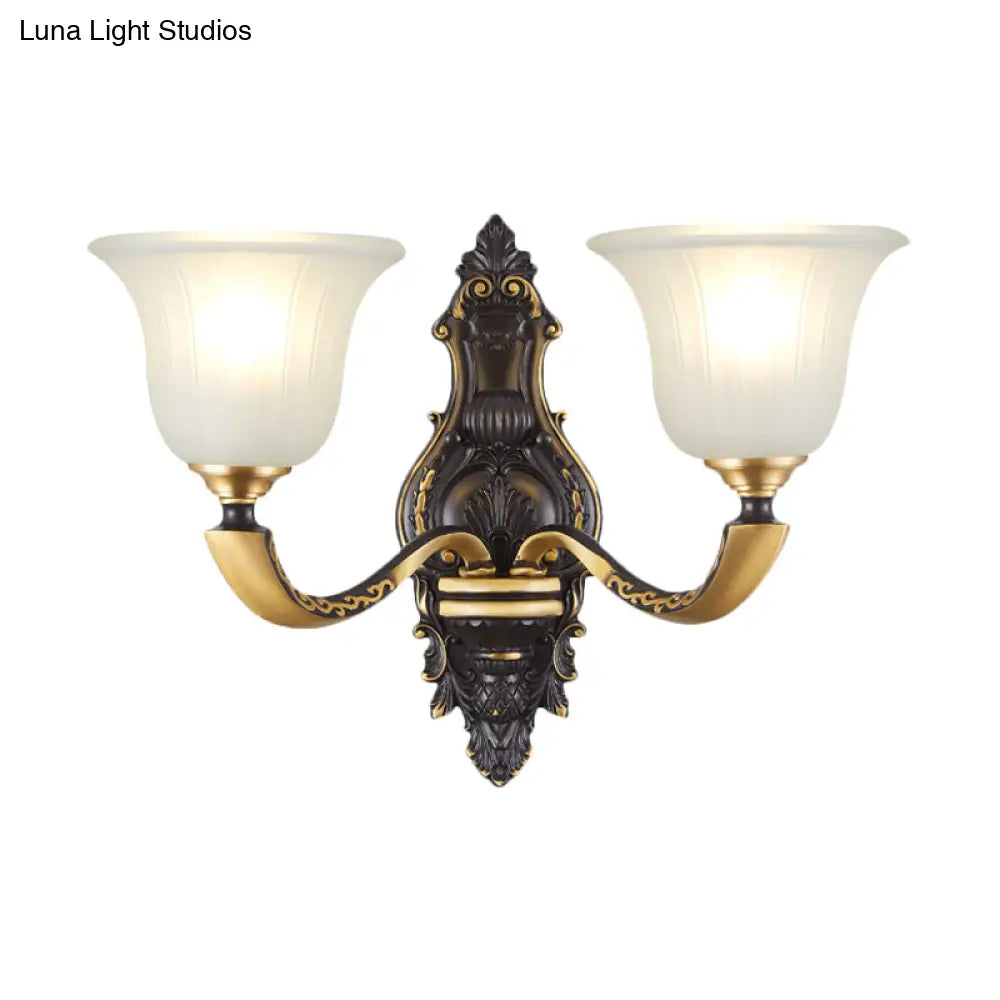 Vintage Black And Gold Frosted White Glass Wall Sconce For Bedroom - 1/2-Bulb Bell Mount Light