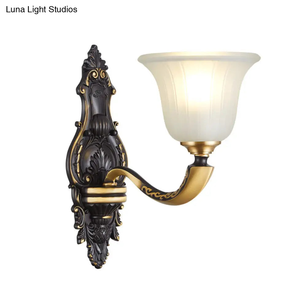 Vintage Black And Gold Frosted White Glass Wall Sconce For Bedroom - 1/2-Bulb Bell Mount Light