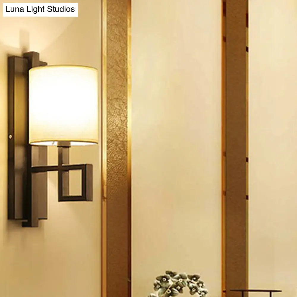 Vintage Black/Bronze Wall Sconce With Fabric Cylinder Shade For Hallway Lighting