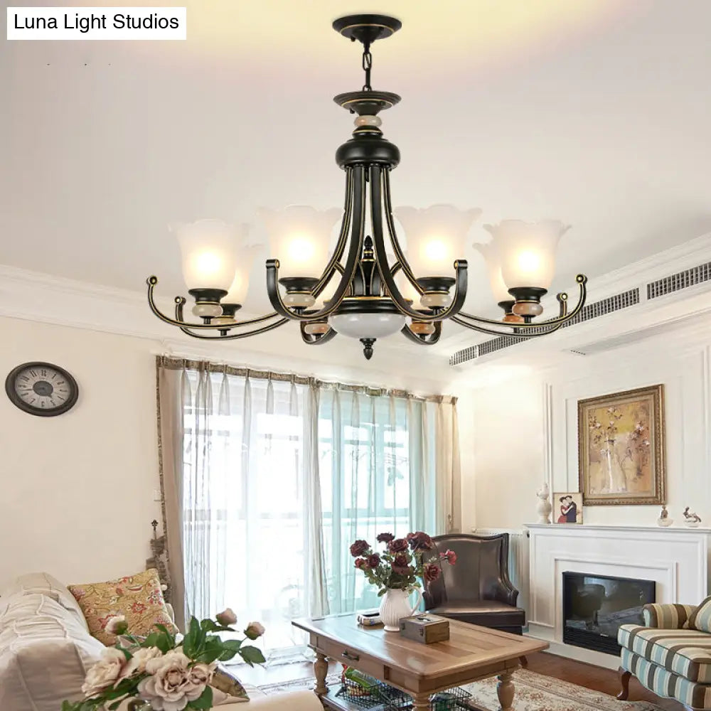 Vintage Black Chandelier: Flower White Glass Ceiling Light 3/6/8 Lights For Bedroom Fixture