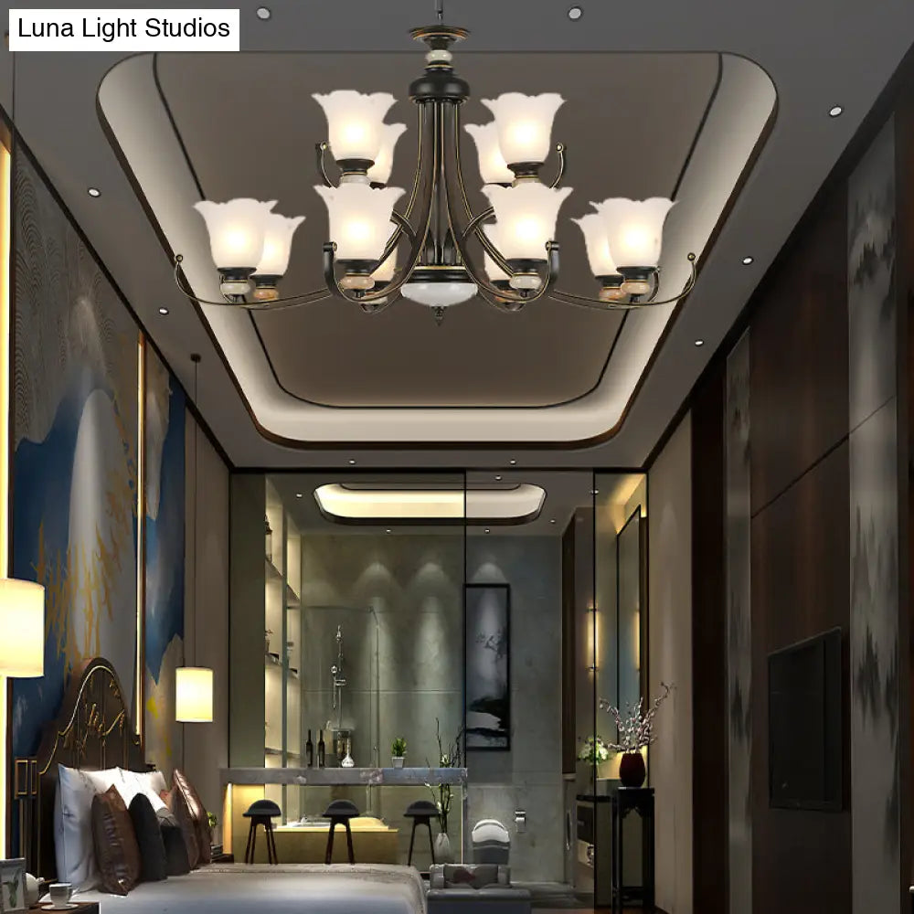 Vintage Black Chandelier: Flower White Glass Ceiling Light 3/6/8 Lights For Bedroom Fixture