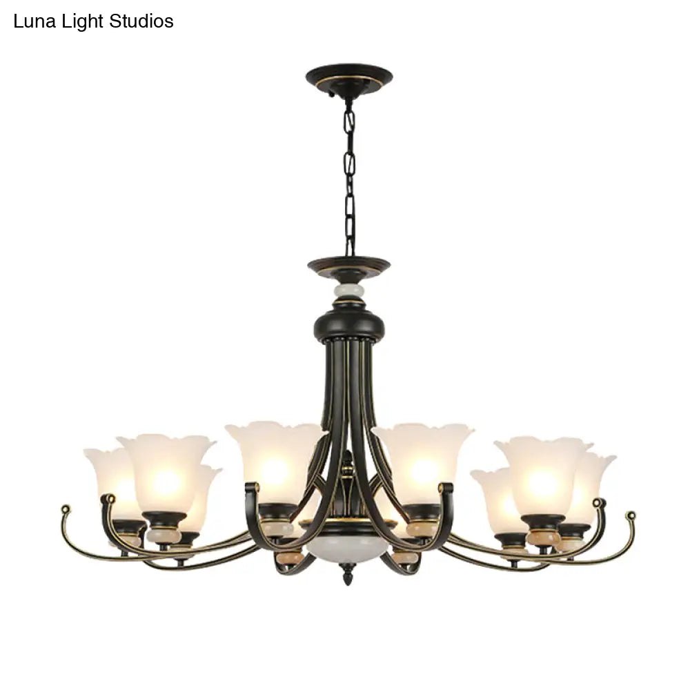 Vintage Black Chandelier: Flower White Glass Ceiling Light 3/6/8 Lights For Bedroom Fixture