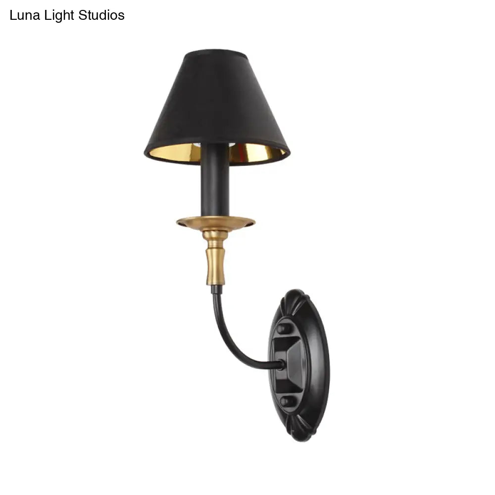 Vintage Black Fabric Wall Sconce With Curvy Arm For Hallway Lighting