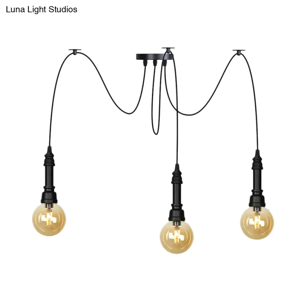 Vintage Black Finish Amber Glass Chandelier - Multi Light Pendant Lamp For Global Restaurants