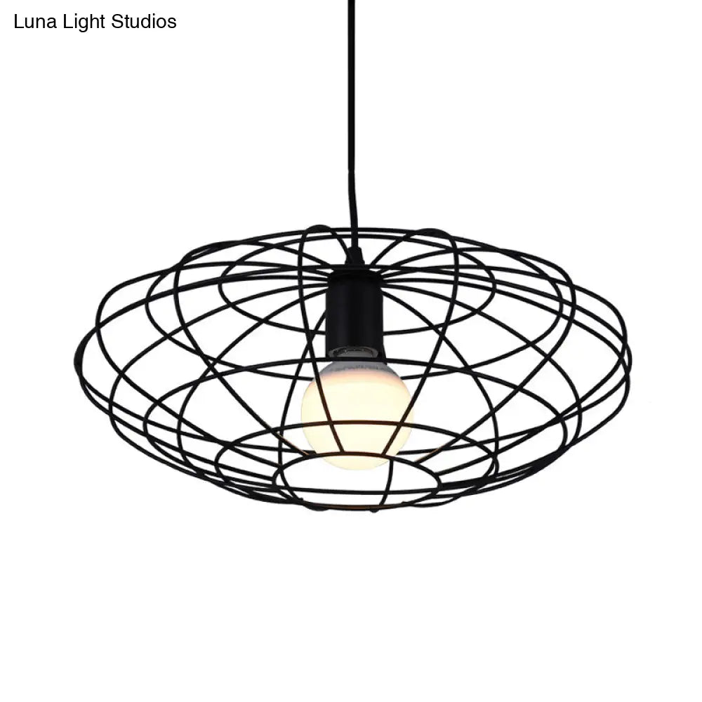 Vintage Black Metal Pendant Lighting - Oval Cage Ceiling Fixture For Living Room