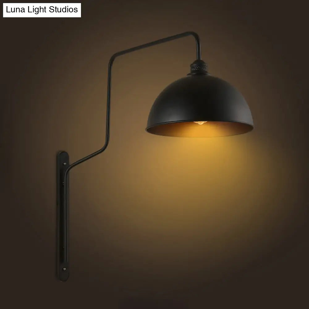 Vintage Black Metal Sconce Wall Light With Curved Arm For Restaurants - 1 Head Bowl Shape