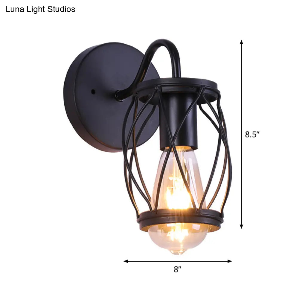 Vintage Black Waist Drum Wall Lamp With Metallic Frame For Restaurant - 1 Light Mount Fixture