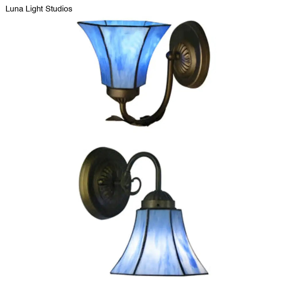 Vintage Blue Glass Bell Wall Sconce With 1 Gooseneck Light - Indoor Lighting