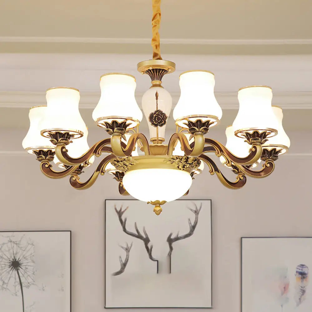 Vintage Brass Chandelier: White Glass Flared Design For Dining Room Lighting 10 /