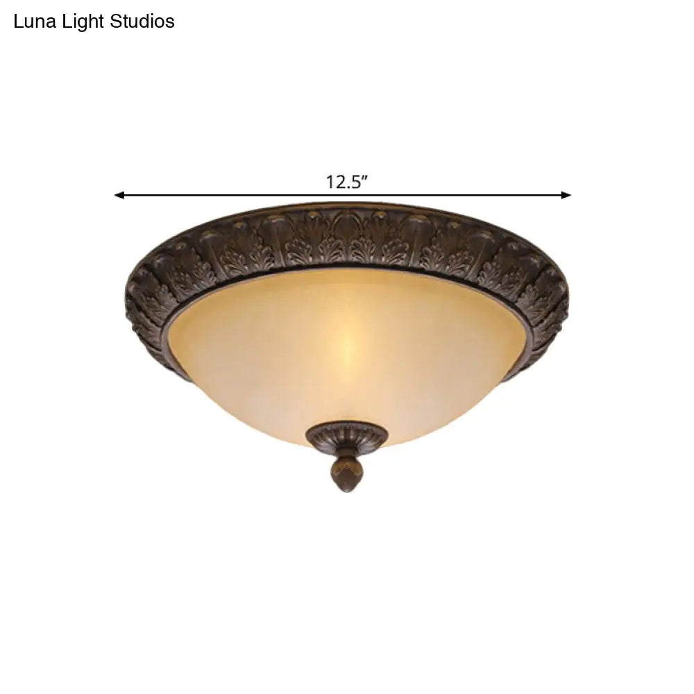 Vintage Brass Led Flush Lamp With Amber Glass For Balcony - 12.5’/15’ Wide