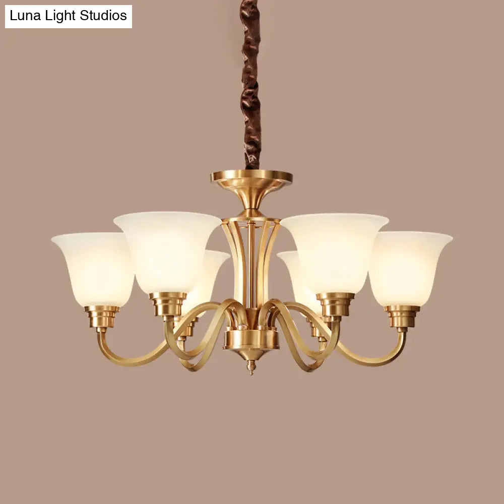 Vintage Brass Pendant Chandelier With Frosted Glass For Flared Stair Ceilings