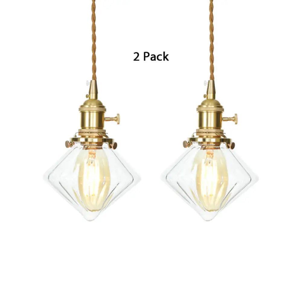 Vintage Brass Pendant Light: Single Light Gem Suspension With Ribbed Glass Clear / 2