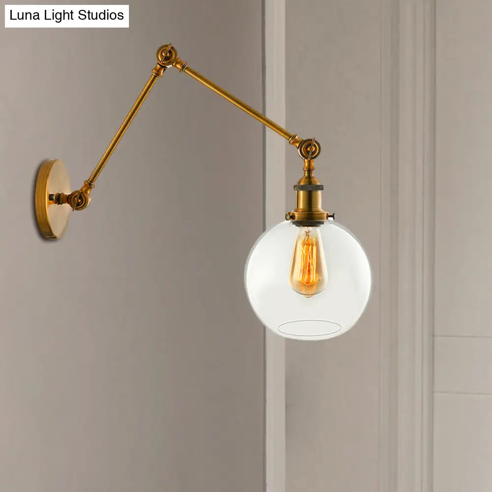 Vintage Brass Sconce: Clear Glass Spherical Lighting Fixture For Bedroom