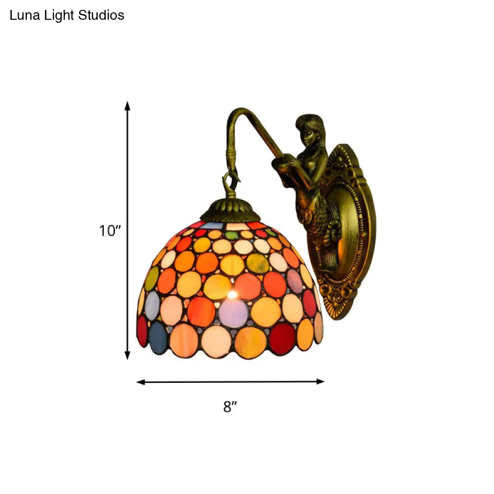 Vintage Brass Tiffany Stained Glass Wall Sconce With Multicolor Dome Light