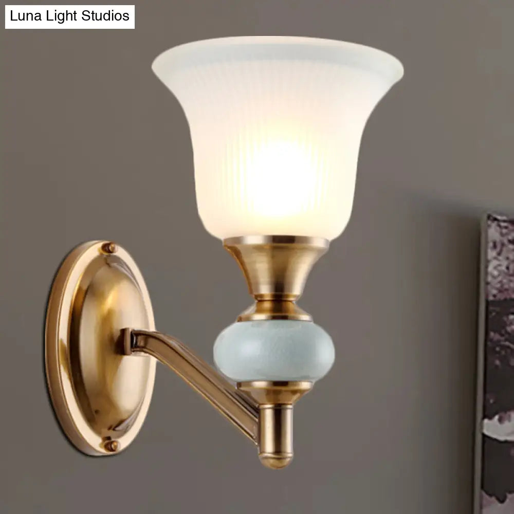 Vintage Brass Wall Light With Frosted Glass Bell Shade Half-Head Lighting For Bedroom