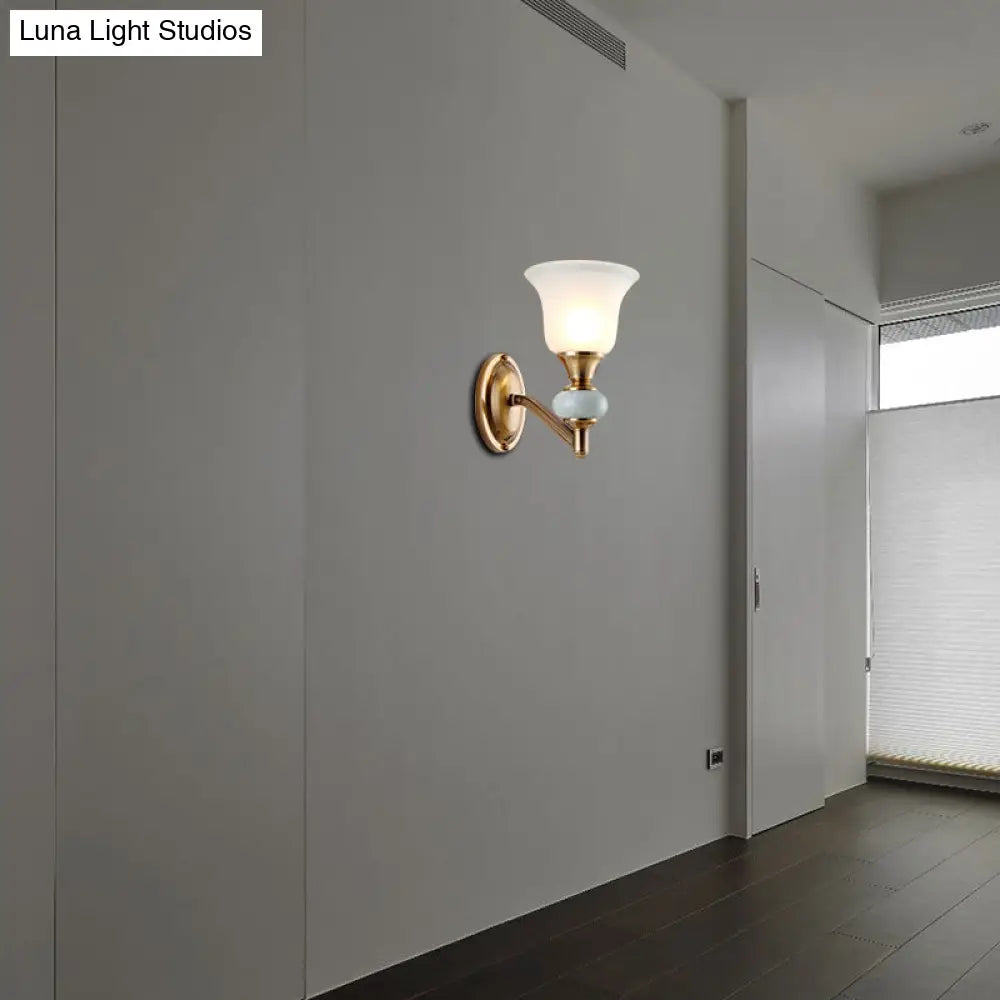 Vintage Brass Wall Light With Frosted Glass Bell Shade Half-Head Lighting For Bedroom