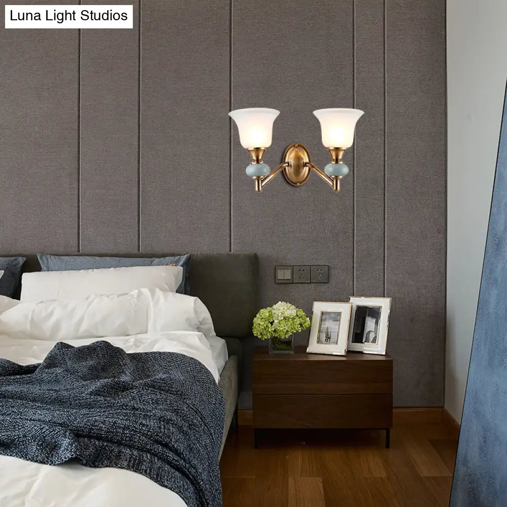 Vintage Brass Wall Light With Frosted Glass Bell Shade Half-Head Lighting For Bedroom