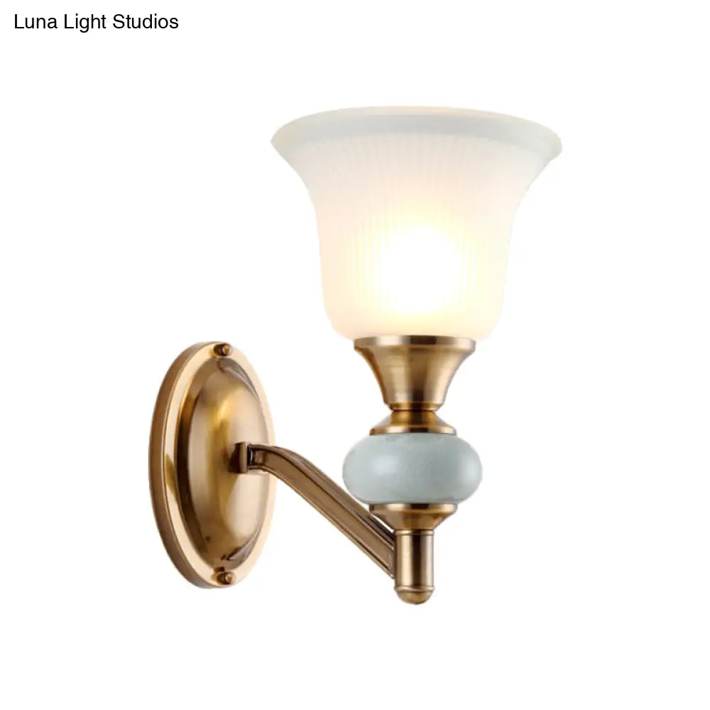 Vintage Brass Wall Light With Frosted Glass Bell Shade Half-Head Lighting For Bedroom