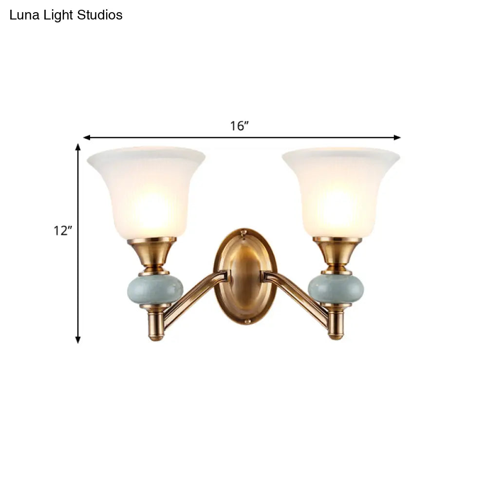 Vintage Brass Wall Light With Frosted Glass Bell Shade Half-Head Lighting For Bedroom