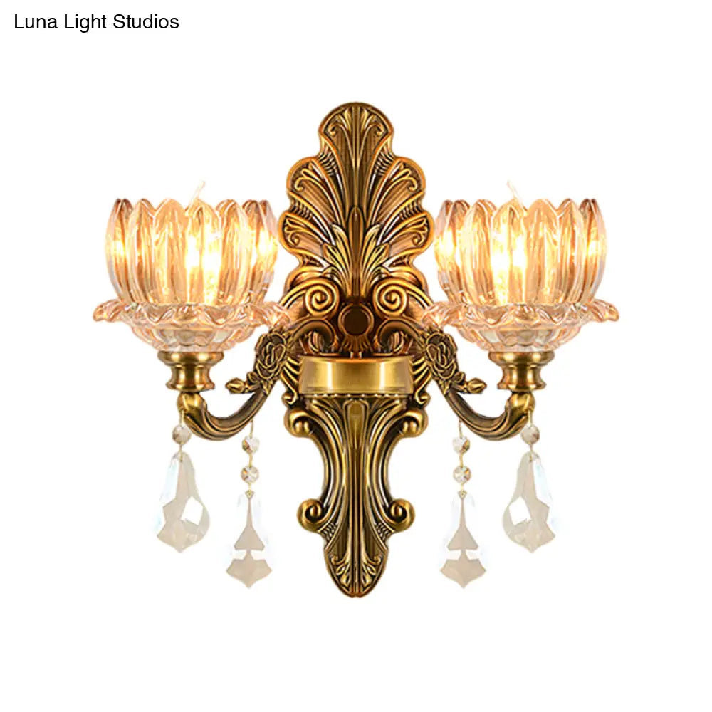 Vintage Brass Wall Sconce With Clear Glass Shade - Mid Century Flower Design 1/2-Light Mount Lamp