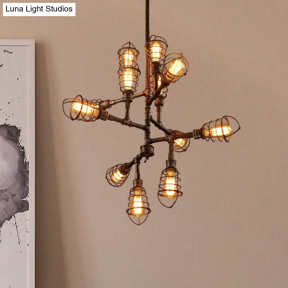 Vintage Bronze Iron Cage Chandelier Lamp - 8/12 Heads Stylish Wire Design Perfect For Dining Room