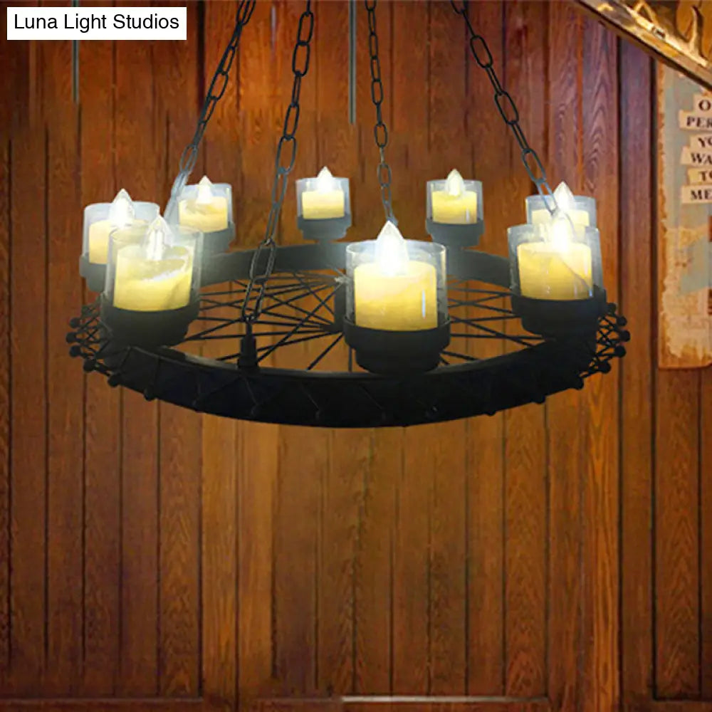 Vintage Candle Ceiling Light Fixture: Black Iron Chandelier With Cylinder Shade & Wheel Design -