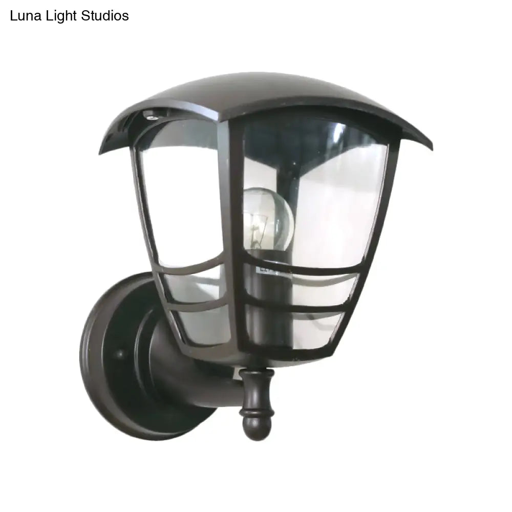Vintage Clear Glass Lantern Wall Lamp For Courtyard: Dark Coffee 1-Light Lighting
