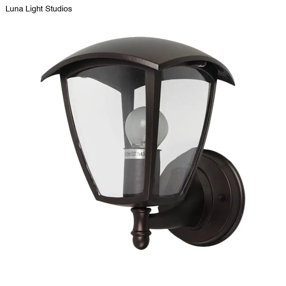 Vintage Clear Glass Lantern Wall Lamp For Courtyard: Dark Coffee 1-Light Lighting